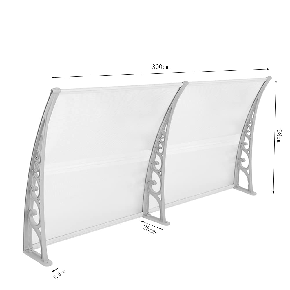 YIMING Daszek do drzwi i okien, długość 300 cm (118,11''), Dach ochronny Poliwęglan (Szaro-Biały, 98×300×25 cm)