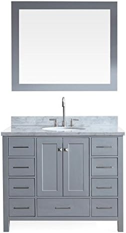 DKB Beckford Series 43" Inch Single Oval Sink Bathroom Vanity Set in Grey | Carrara White Marble Countertop | 2 Soft Closing Doors | 9 Full Extension Dovetail Drawers | Matching Framed Mirror