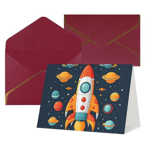 QMNSEHF 空白のグリーティングカード 封筒付き Thank YouCard ロケット クリップアート 宇宙船 Happy Birthdayカード 女性用 男性用 クリスマス ハロウィン 結婚式 ブランク ノートカード あらゆる機会のグリーティングカー