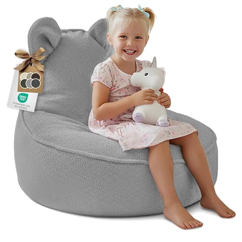 DreamRoots Sitzsack Kinder Maus Form - Kindersessel 315 g/m² Weicher Bouclé Oeko-TEX mit Schaumstoffflocken - Sessel Kinderzimmer, Waschbarer Bezug, Hellgrau