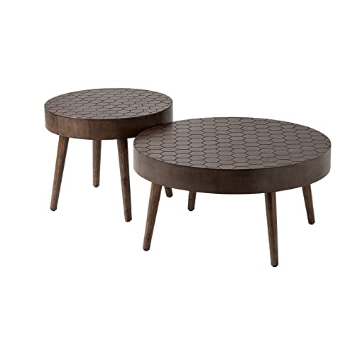 Hompus Round Coffee Table Set W Honeycomb Pattern Tabletop, 2 Piece Of Wood Coffee Table Circle W Wood Grain Finish, Modern Vintage Coffee Table Set Of 2 W Wood Legs For Living Room #TOP6