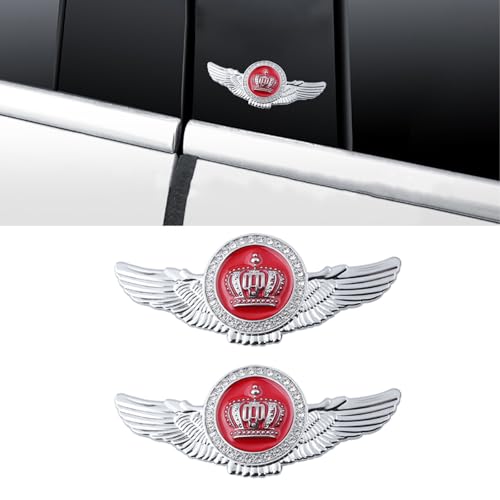 Image of 2pcs Wing Circular Crown Emblems,Crystal Diamond Crown Car Stickers Decals Decoration for All Car (Silver Red)