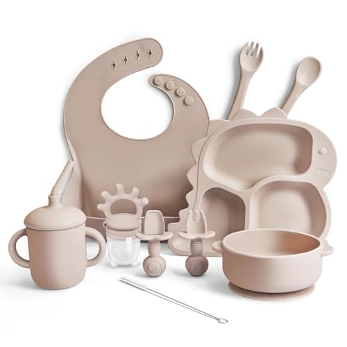 Image of FOMOMDI Baby Feeding Set - 10PCS Toddler Utensils, Baby Led Weaning Supplies with Dinosaur Plate, Bib, Cup, Suction Bowl, Forks, Spoons, Fruit Feeder