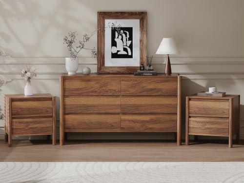 CHUWELL Walnut Dresser Bedroom Set, 6 Drawer Dresser & 2 Drawer Nightstands