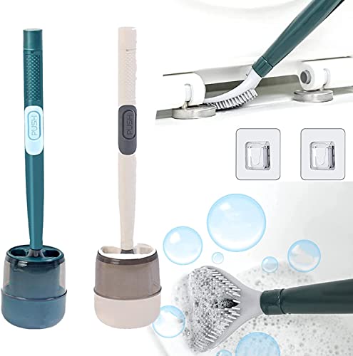 Lot de 2 brosses de toilette avec support, sans perforation, en silicone, avec longue poignée, brosse WC avec languette liquide, brosse de nettoyage hydraulique sans angle mort Cover