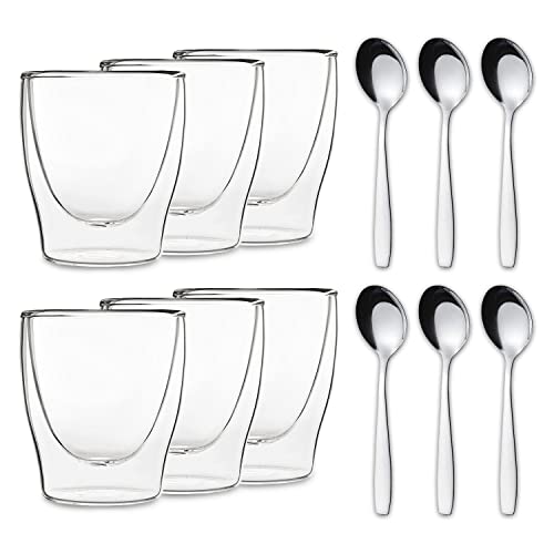 Duos Feelino Verres à double paroi avec cuillère en acier inoxydable, verres à latte Machiato et verres à thé avec effet flottant pour garder les boissons chaudes ou froides, 08-SET 6x 200ml