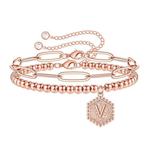 Rose Gold Initial Bracelets for Women, Rose Dainty Rose Gold Plated Letter V Initial Bracelet Layered Paperclip Link Chain Bracelet for Dainty Rose Gold InitialJewelry