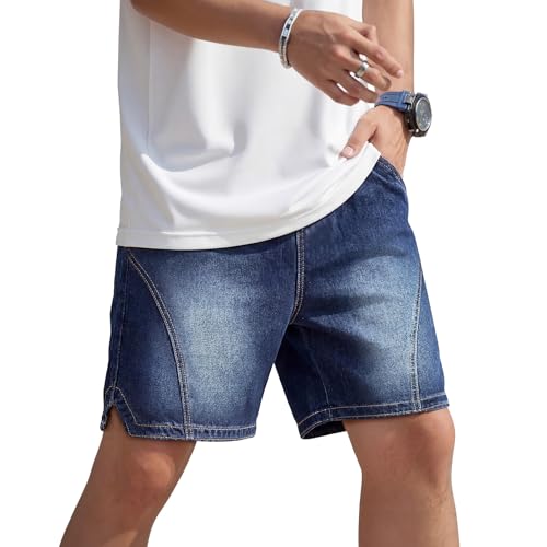 Heyfanee Mens Baggy Jean Shorts Loose Fit Elastic Waist Denim Shorts 7 Inch Inseam Dark Blue 30
