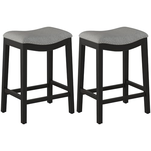 Butacos de Barra Set de 2, Asiento Silla en Forma de Silla de Montar con Tela de Lino Vintage, Patas de Madera, Gris | Butacos de Altura para Islas de Cocina, Elegante Remate con Clavos Decorativos, Asiento Amplio y Cómodo para Comer o Entretener