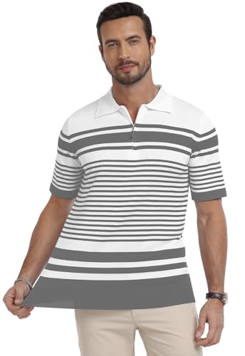 KUYIGO Polo para Hombre con Cuello de Punto, Manga Corta, Cremallera, Rayado miniatura 5