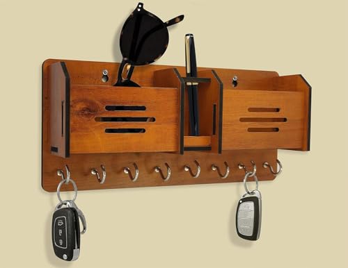 Image of Handcrafted MDF Wood Key Holder with Shelf & Mobile Stand - Wall-Mounted Organizer with 8 Hooks (3 Line)