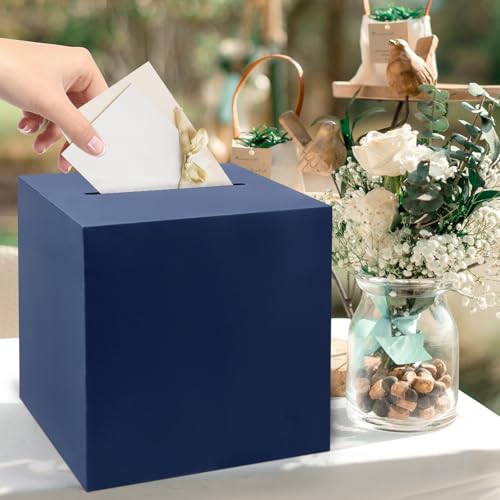 Image of Hooqict Navy Blue Card Box with Slot 9.1 inch Wedding Favor Gift Card Box for Party, Reception, Graduation, Birthday, Wedding, Bridal or Baby Shower, Raffle Ticket Money Envelope Holder