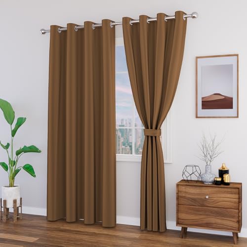 Image of Blackout Door Curtain with Tie Back 8 feet 2 Pcs | Room Darkening, Thermal Insulated, Noise Reducing Heavy Polyester Solid Curtain (Rust Colour)