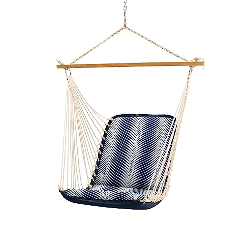 Original Pawleys Island Bella Dura Cushioned Single Swing in Clock Out Indigo with Oak Spreader Bar, Handcrafted in The USA, 350 LB Weight Capacity, 24 in. L x 24 in W x 24 in. D
