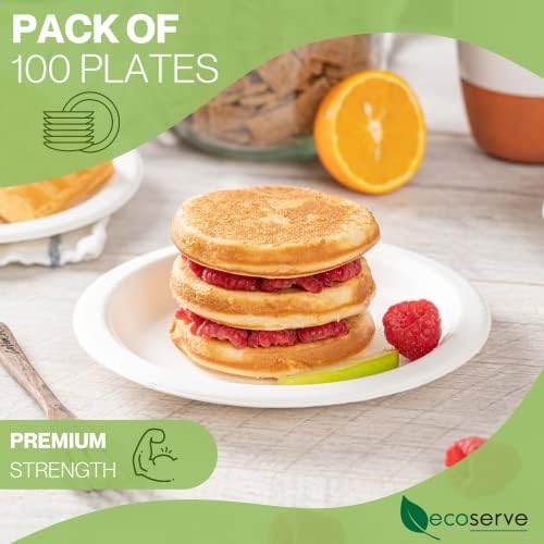 ecoserve tableware 100 Super Rigid Paper Plates | Disposable Plates 7 Inch 18cm Extra Strength White Bagasse Eco-Friendly,Biodegradable,Compostable Perfect for Picnics BBQs and Parties