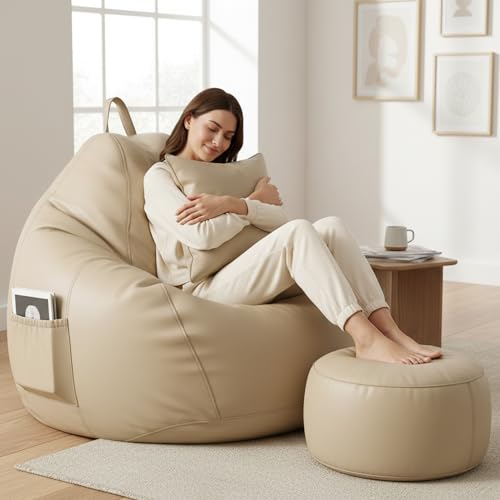 Image of KAM'S LIEU 5XL Bean Bag Combo with Footrest & Cushion | Filled with High Density EPS Beans | Comfortable Sofa for Living Room & Bedroom | 6 Months Warranty, Color- (Cream, 5XL, Classic)