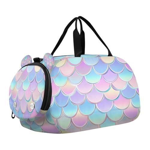 Gym Travel Duffle Bag for Boys Girls Mermaid Scales Pattern Sports Dance Bag with Shoe Compartment & Wet Pocket Football Kids Travel Bag Teens Sleepover Carry