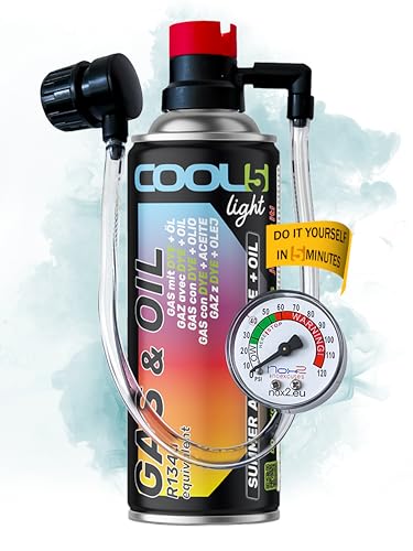 COOL5 HOBBY Ersatzkältemittel r134a für Autoklimaanlagen – 1 Dose 2in1, 235g mit integriertem Druckschlauch mit Manometer