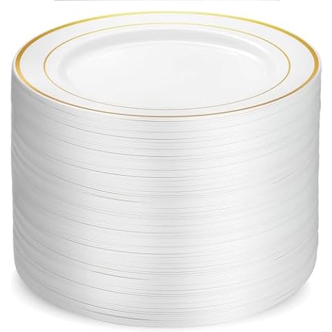 Munfix 100 Gold Plastic Plates Set, 10.25 Inch Plastic Dinner Plates, Fancy Disposable Plates, Heavy Duty Party Plates, Elegant Wedding Plates, White with Gold Rim Cover