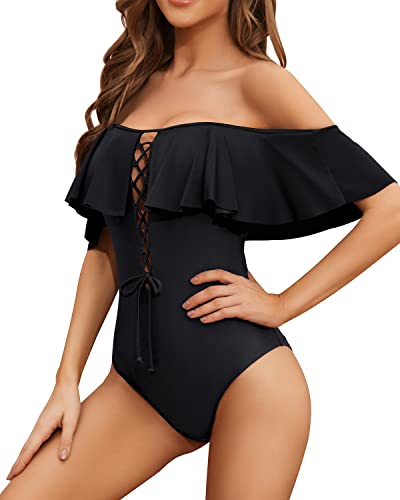Tempt Me Women Black Sexy One Piece Swimsuit Ruffled Off Shoulder Lace Up Bathing Suit Xxl #TOP3