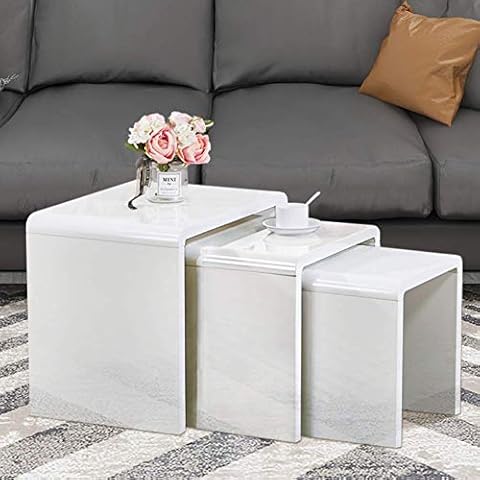 GOLDFAN Nest of 3 Tables High Gloss Coffee Table Set Nesting Sofa Table Multi-functional End Side Table for Living Room, White Cover
