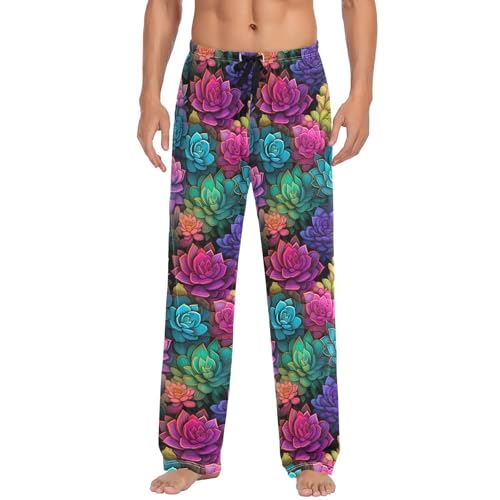Men's Colorful Succulents Pajama Pants with Pockets - Straight Fit Cotton Sleep Bottoms for Lounge & Nightwear#7842