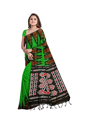 Image of Quetzal Women's Handloom Pure Cotton Sambalpuri Ikkat Katki Print Design Saree With Blouse Piece