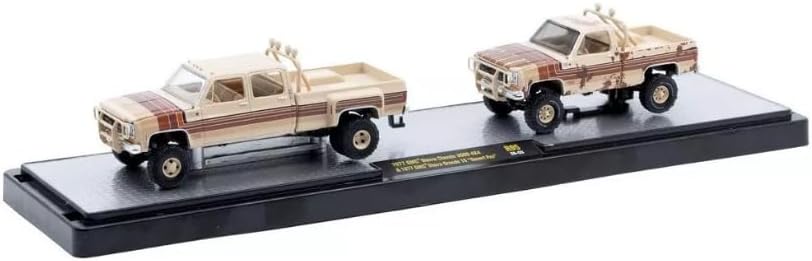 Diecast M2 Machines 1977 Sierra Classic 3500 Dually Squarebody 4x4 & 1977 Sierra Grande 15 Desert Fox Hauler R95
