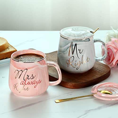 Mr Right Mrs Always Right Couple Coffee Mugs- Wedding Gifts Bridal Shower Engagement Anniversary Gifts For Couple - Bride And Groom Newlyweds Married Couples Ceramic Marble Mugs Set (13.2 Oz ) #TOP6