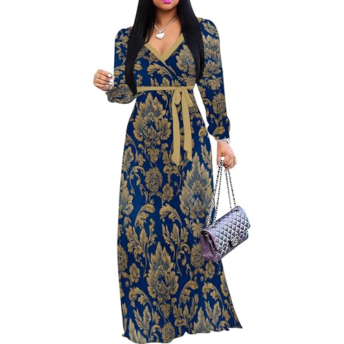 Image of Women Plus Size Long Sleeve V Neck Maxi Dress with Belt | Soft fabric relaxed fit three quarter sleeve v neck with pockets for party and daily wear