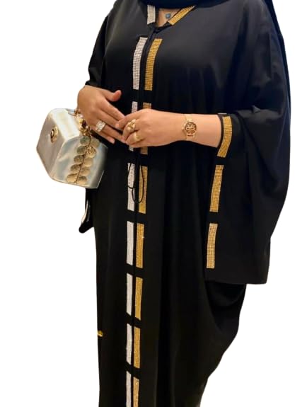 Samaira Fashion Black Nida Abaya in Gold and White Stone Work Long Korean Maxi Dress Long Sleeves Evening Dress Abayas for Women Muslim Party Wear Naqab Hijab Burkha