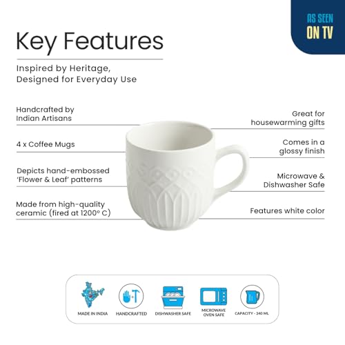 Image of ExclusiveLane 'Minimalist' Ceramic Coffee Mugs Set of 4 (Set of 4, 340 ml, Microwave and Dishwasher Safe, Hand-Embossed) | Ceramic Coffee Mug Coffee Cup Set of 4 Tea Mugs Set Tea Cups Ceramic Mugs