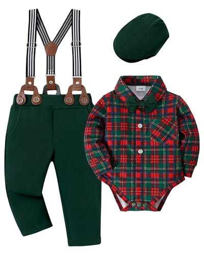 Image of YALLET Baby Boy Clothes Set Infant Tuxedo Long Sleeve Gentleman Suit Outfits + Beret Hat + Suspender Pants + Bowtie 0-18M