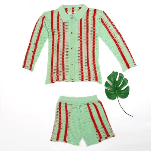 Image of Womens Fashion Stripe Knit Sweater Cardigan 2 Piece Outfits,Long Sleeved Woollen Cardigan and Shorts Suit