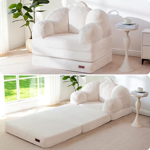 Image of MAXYOYO Folding Sofa Bed, Floral-Shaped Convertible Floor Sofa Couch with Backrest, 2 in 1 Comfy Lounger Bean Bag Chair with Handle, Floor Single Couch for Living Room Bedroom, Beige