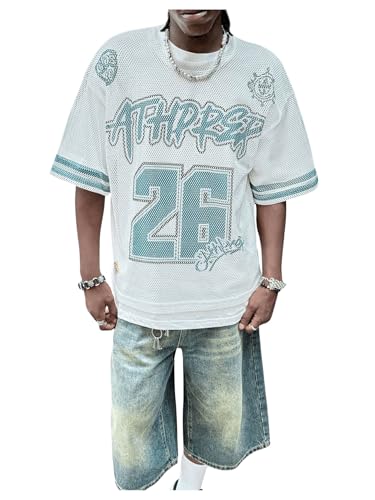 Verdusa Men's Mesh Hollow Out Letter Print Jersey T Shirt Round Neck Tee Tops