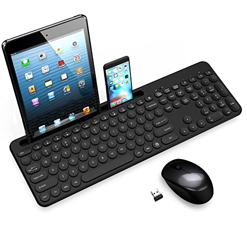 LeadsaiL Wireless Keyboard and Mouse, Full-Sized Ergonomic Computer Keyboard with Phone Tablet Holder, 2.4GHz Silent Cordless Keyboard Mouse Set for Windows Laptop, PC, Desktop - Black