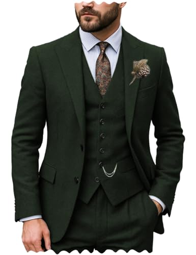 Men's Classic Suits Regular Fit 3 Piece Prom Tuxedos Tweed Herringbone Jacket+Vest+Trousers Wedding Grooms - Main Image