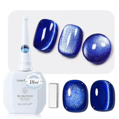 Image of AZUREBEAUTY 18ML Navy Blue Cat Eye Magnetic Gel Nail Polish | Blue Glitter Gel Polish Magnetic Shimmer Effect Soak Off UV French Nail Art Design Salon DIY Manicure Gift for Women