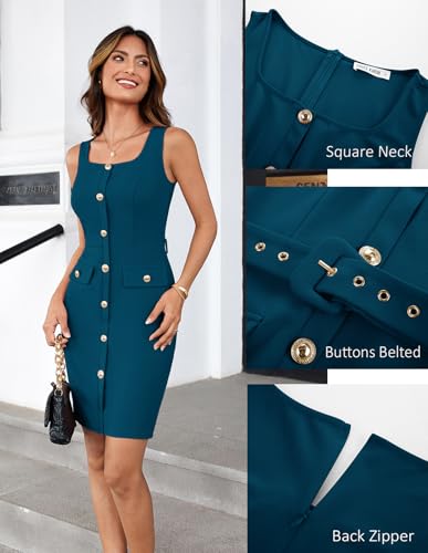 Image of GRACE KARIN 2025 Women's Buttons Belted Square Neck Business Work Dress Sleeveless Bodycon Midi Dress