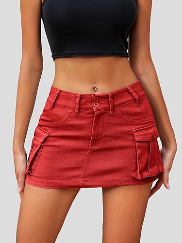 Image of ELLEVEN Low Rise Denim Mini Skirt for Women High Stretch Jean Skirts | Women's Sexy Bodycon Cargo Denim Skirt with Pockets, Y2K Casual Jean Style, Trendy Summer Outfits