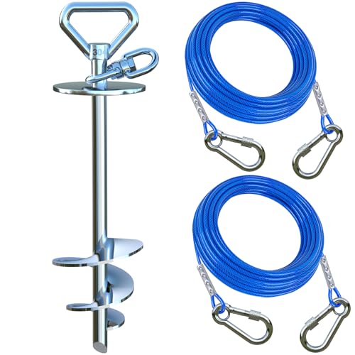 Catapamey Dog Tie Out Cable and Stake with 2x15 Feet Heavy Duty Cable(up to 200lbs) 360 Swivel Dog Run Anchor Runner for Yard-No Tangle Ideal for Outdoor Camping
