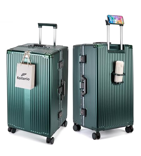 Image of feilario 30in Super Large Captain Aluminum Frame Hardside Spinner Wheels Luggage, Removable Wheels Zipperless Checked Suitcase with Cup Holder /Phone Holder (Forest Green,30in)