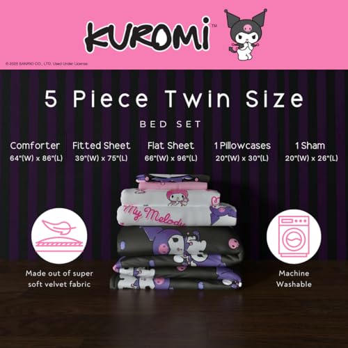 Image of Franco Sanrio Kuromi & My Melody Bedding 5 Piece Super Soft Cozy Reversible Comforter and Sheet Set with Sham, Twin, (Officially Licensed Product) (Pack of 4)