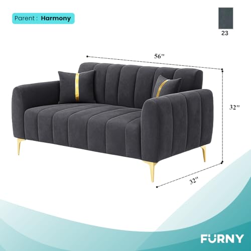 Image of FURNY Harmony 2 Seater Velvet Fabric Sofa Set (Dark Grey) with Golden Finish Legs | Durable & Comfortable | Ideal for Living Room