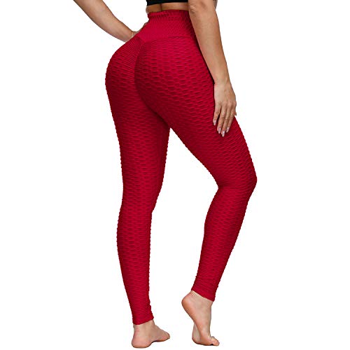 SATRUEX Yoga Pants Workout Leggings for Women High Waist Textured Tummy Control Ruched Butt Lifting Running Booty Tights (Red, Medium)