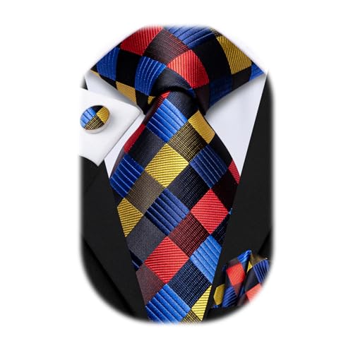 Image of Hi-Tie Mens Plaid Ties Classic Paisley Necktie with Handkerchief Cufflinks Set Business Stripe Tie
