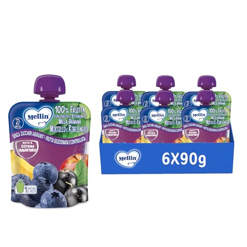 Mellin, Pouch Snack 100% apple - banana - blueberry - blackcurrant - 6 Packs of 90 g (Packaging may vary)