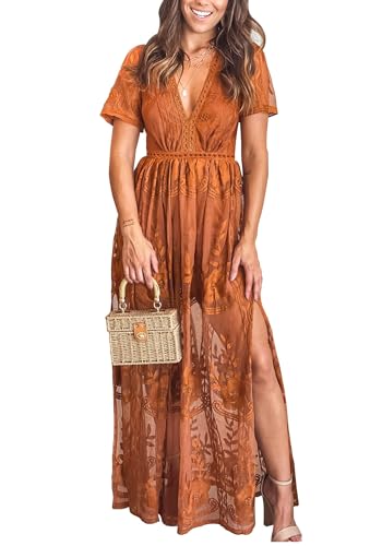 LRISES Womens V Neck Floral Embroidered Lace Wedding Maxi Dress Boho Bridesmaid Wedding Guest Cocktail Party Dress Orange