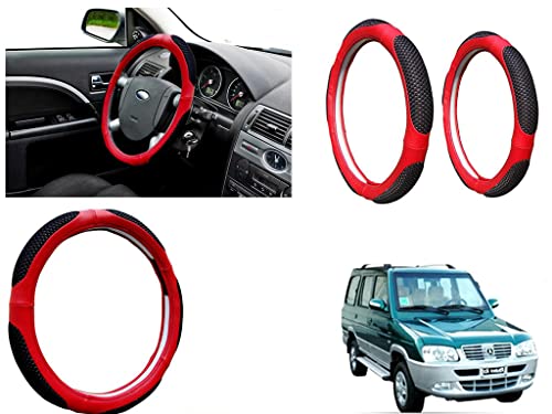 Image of Microfiber Car Steering Wheel Cover, Soft Padding Great Hand Feel, Anti-Slip, Faux Leather Steering Cover for Mahindra Rhino | Black Red Jali - Pack of 1
